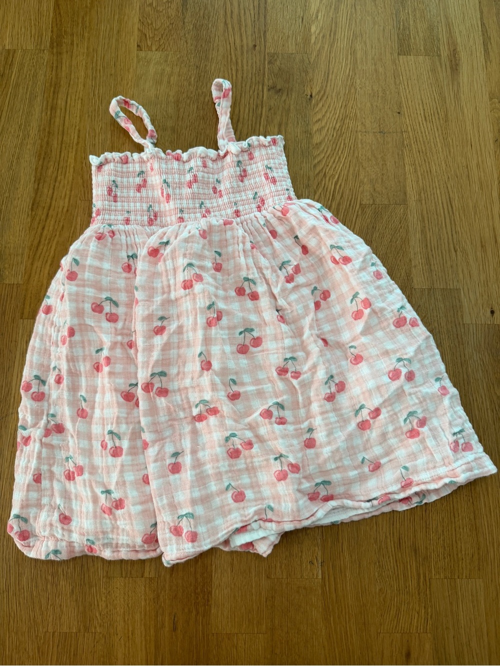 Siix 6 White Pink Gingham Cherry 100% Organic Cotton Smocked Dress